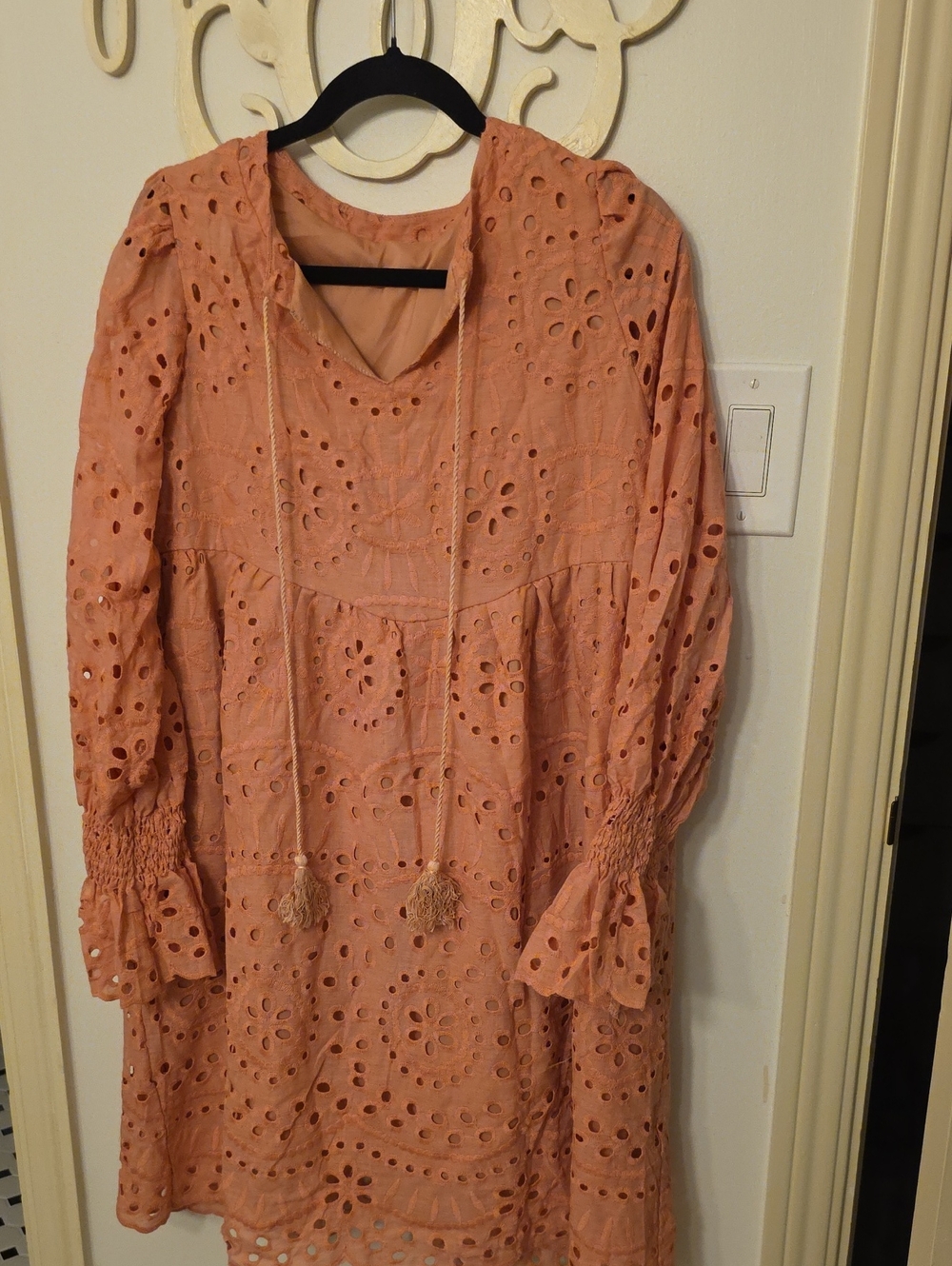 Peach Eyelet Lace Long-Sleeve Shift Dress